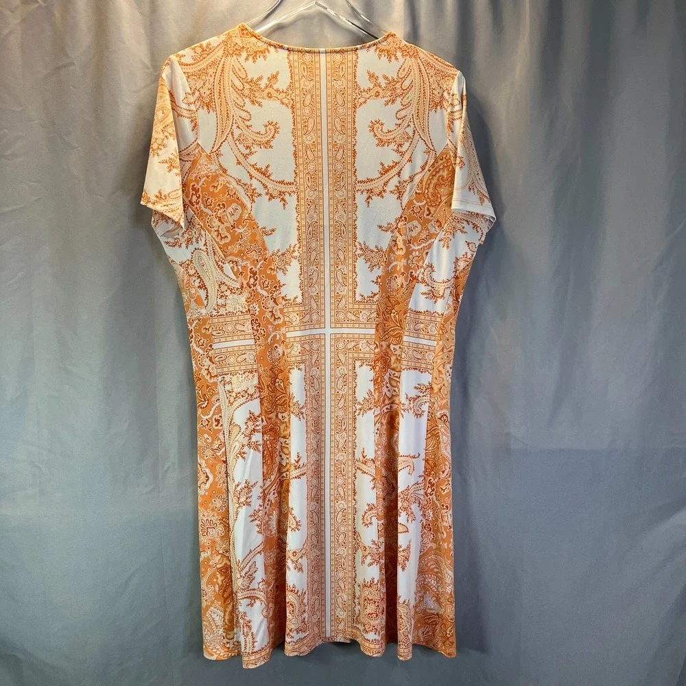 Michael Kors A Line Dress Womens Large White Orange Paisley Print Short Sleeve